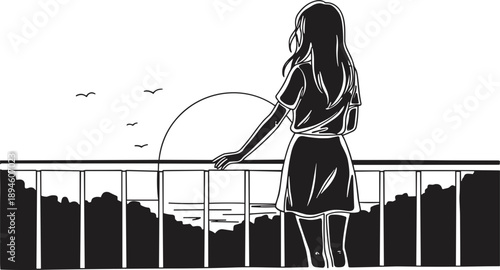 Line drawing of a woman looking at the sunset on a balcony