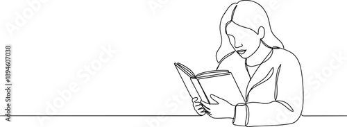 Line drawing of a woman reading a book on a transparent background