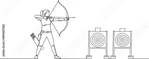 Line drawing of a woman archery target shooting indoors on a transparent background