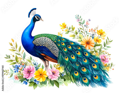 Beautiful vector watercolor illustration of a peacock among flowers.