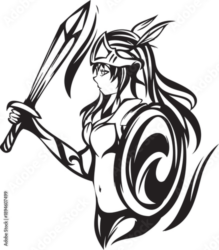 中世の女剣士・チャリオット・トライバル風人物イラストマーク