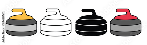 Curling stone sports equipment icons featuring sketch, outline, silhouette, and flat color styles, vector illustration for competitive winter games and athletic events.