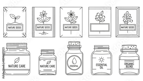 Hand drawn skincare and cosmetic packaging illustration set featuring jars, bottles, and containers. Minimal black outline drawings ideal for beauty branding, labels, and product design.
