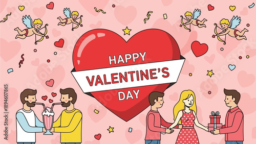 Valentine's Day celebration with romantic couples sharing gifts and drinks, amidst hearts and cupids illustration