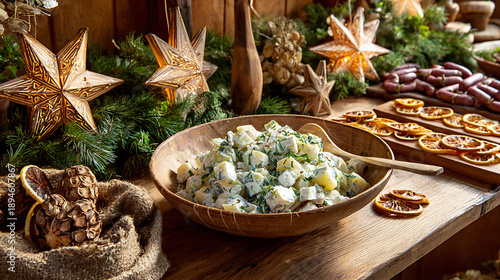 A wooden table is set with a large bowl filled with salad. Surrounding it are holiday decorations, snacks, and a warm ambiance, perfect for gathering during winter celebrations.