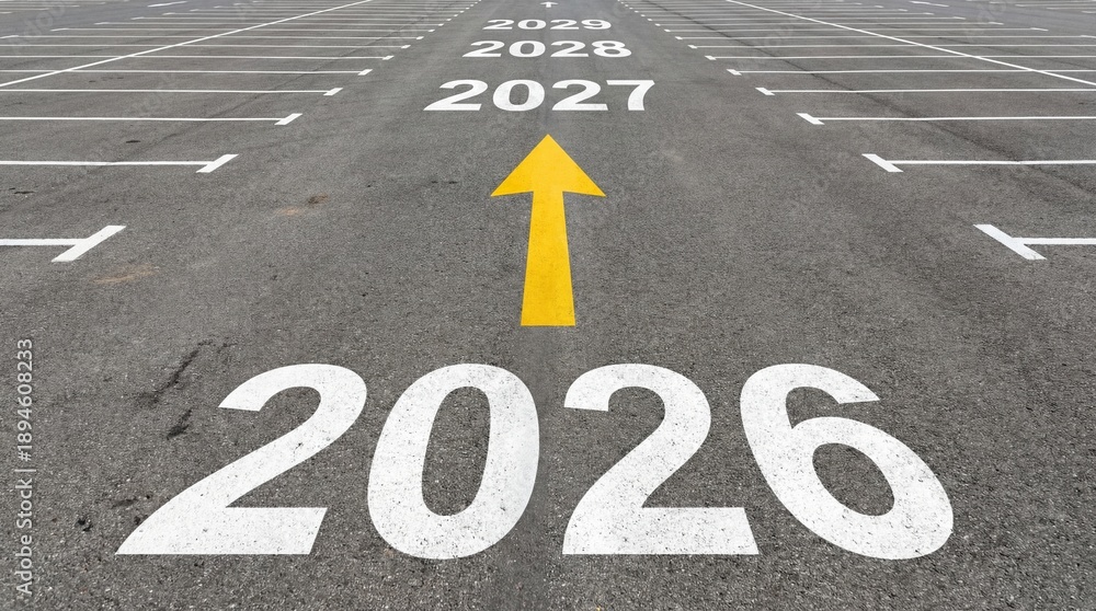 Fototapeta premium Future focused parking lot with directional arrow and year markers