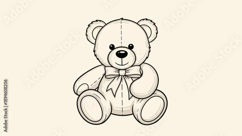 Sweet and Gentle Line Art Illustration of a Classic Teddy Bear Toy Adorned with a Ribbon Bow, Ideal for Charming Childhood Designs and Playful Graphics