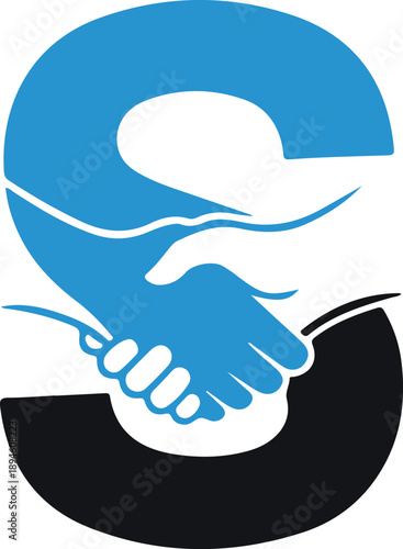 Stylized letter s forming handshake silhouette in blue and black colors representing partnership agreement cooperation and corporate unity