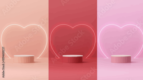 Three pastel and red podiums with heart shapes in the background, representing love and romantic themes for displays or presentations