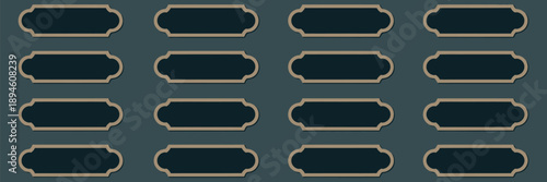 Decorative label frames collection in beige on dark background, vintage empty plaques, ornamental nameplate shapes, classic design elements vector set.