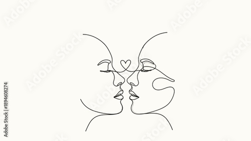 A minimalist continuous line drawing of two faces in profile, leaning in for a kiss, with a heart shape above them