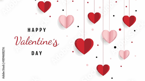 Happy Valentine's Day with Hanging Hearts and Dots on a White Background - Perfect for Greeting Cards, Decorations, and Romantic Themes