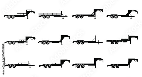 A collection of various articulated trucks and trailers displayed in a minimalist black silhouette on transparent background high quality professional detailed