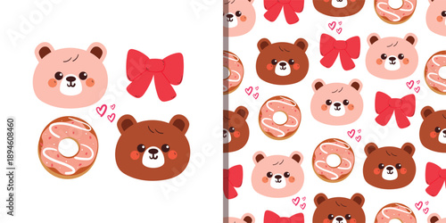 cute card and pattern with hand drawn cartoon bear with cute pink dessert and bow