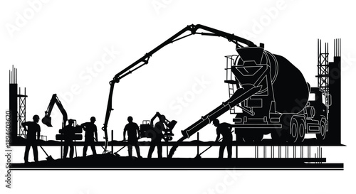 A detailed black silhouette of construction work with a concrete mixer and workers on transparent background high quality professional modern elegant