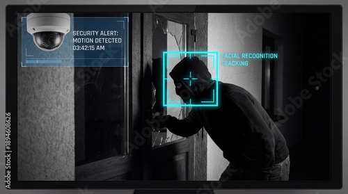 Security camera captures motion detection alert with facial recognition tracking