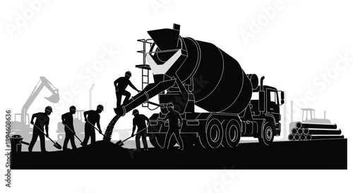 A black silhouette depicting construction workers and a cement mixer pouring concrete on transparent background high quality professional detailed modern elegant