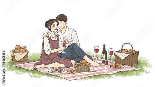 A couple enjoying a romantic picnic date with wine and fried chicken baskets on a checkered blanket on the grass, set in a serene outdoor environment