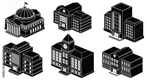 Isometric buildings in black and white showcasing architectural designs with a distinctive silhouette on transparent background high quality professional detailed modern
