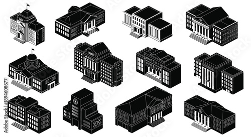 Isometric buildings collection in black featuring various architectural styles on transparent background silhouette high quality professional detailed modern elegant stylish clean