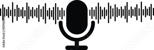 black microphone icon audio waveform sound recording podcast broadcast voice vector graphic design isolated on white background.
