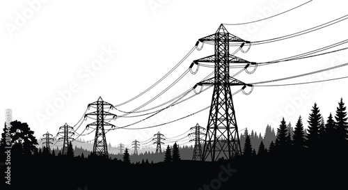 A stark depiction of power lines and transmission towers against a dark landscape on transparent background silhouette high quality professional detailed