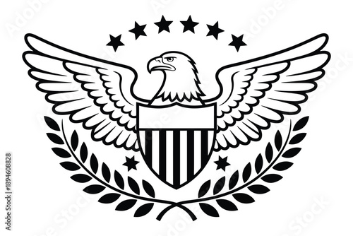 Detailed eagle emblem with shield and laurel wreath, heraldic design, strong patriotic symbol