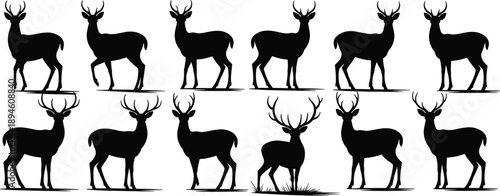 Deer silhouette vector collection, wildlife animal outline, forest creature illustration for hunting, nature design, logo use, and decoration art