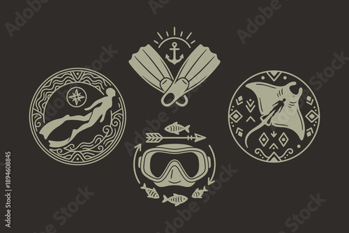 Vintage Scuba Diving and Ocean Life Emblem Badge Set.