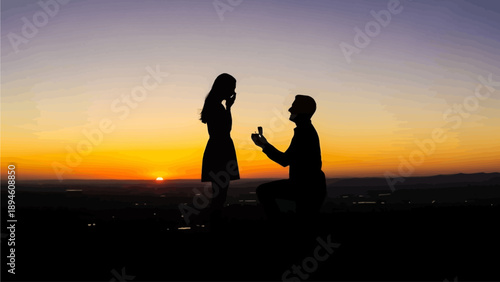 A heartfelt marriage proposal takes place in a park with a man on one knee presenting a ring to a surprised and delighted woman under a clear blue sky with lush green trees