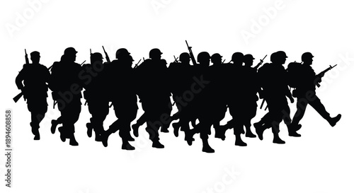 A dynamic group of soldiers advancing forward in a black silhouette on transparent background high quality professional detailed modern elegant stylish