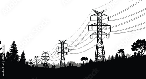 A striking silhouette of power lines and transmission towers against a dark forested landscape on transparent background high quality professional detailed