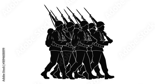 A group of soldiers marching forward in a dark silhouette ideal for various designs on transparent background high quality professional detailed