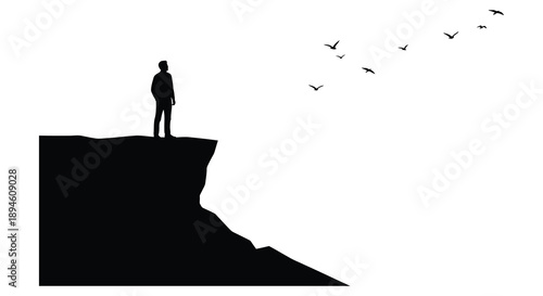 A lone figure stands atop a cliff observing a flock of birds in flight on transparent background silhouette high quality professional
