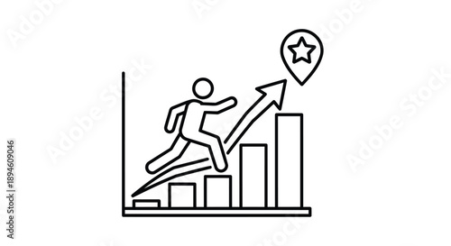 Vector illustration of a person running up a bar chart with a star target