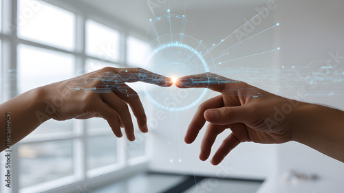 Two hands reaching out to touch symbolizing connection and technology with digital network overlay for concepts of innovation.