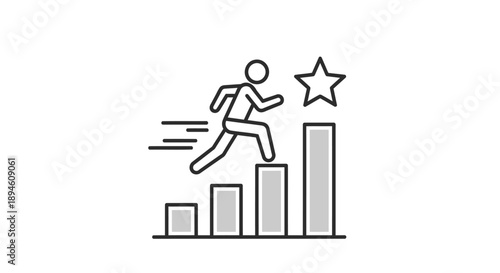 Vector illustration of a person running up a bar chart to a star