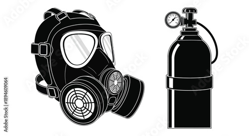 A detailed black and white illustration of a gas mask and oxygen tank ideal for design projects on transparent background silhouette