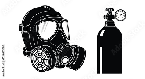 A striking black and white illustration of a gas mask and tank ideal for design projects on transparent background silhouette