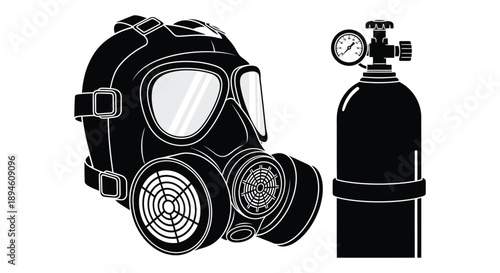 A detailed black and white illustration of a gas mask and oxygen tank perfect for design work on transparent background silhouette