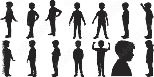 Silhouette vector illustration of boy standing, walking, side profile, arms raised, casual pose, child design for graphic projects