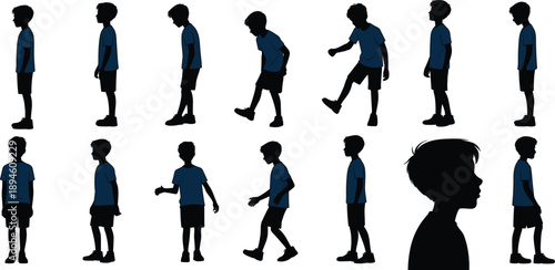 Silhouette of standing and walking boy in multiple poses, child side profile vector, casual clothing illustration, editable layered graphic