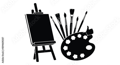 A black silhouette of painting tools including an easel brushes and palette on transparent background high quality professional detailed modern elegant