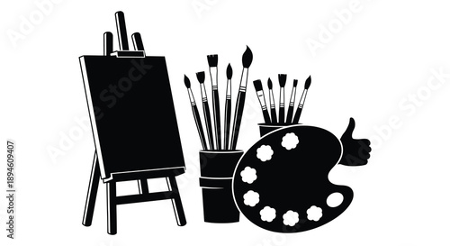A black silhouette of an artist s tools including an easel brushes palette and thumbs up on transparent background high quality professional detailed