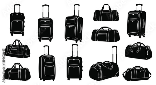 A collection of various luggage items including suitcases and duffel bags presented as a black silhouette on transparent background high quality