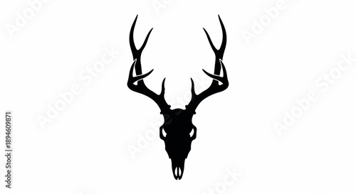 Black silhouette of a deer skull with antlers on a white background, close-up shot with a minimalist composition.