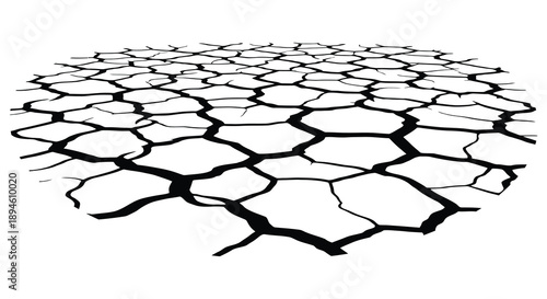 A detailed black and white hexagonal cracked earth pattern creating an abstract geometric design on transparent background silhouette high quality professional