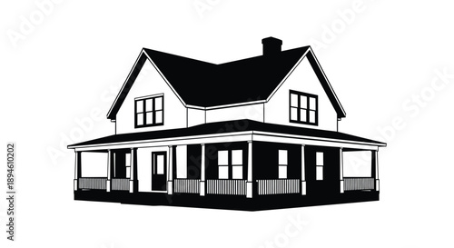 A striking black silhouette of a classic two story house with a porch ideal for design projects on transparent background high quality