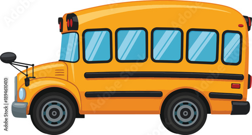 A bright yellow school bus is depicted from a side view showcasing its large windows