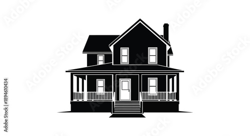 A striking black silhouette of a classic victorian house with detailed porch features on transparent background high quality professional modern elegant